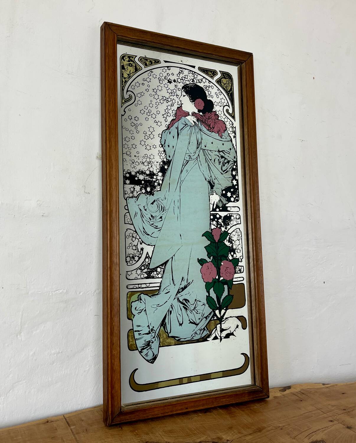 Vintage Mucha art nouveau mirror, la dame de camelias, Sarah