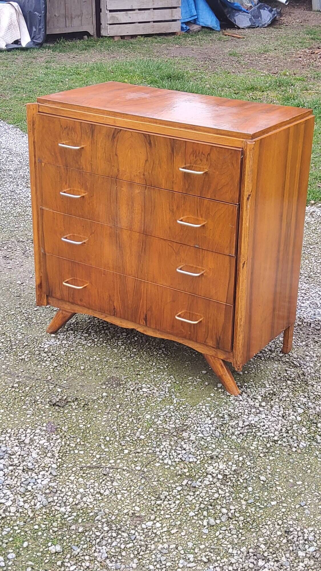 Vintage chest of drawers in walnut compass legs 4 drawers from the 1950s
