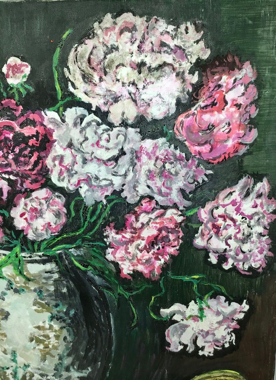 Painting, still life with carnations, glass and basket of grapes, signed, 70s/80s