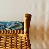 Large vintage rattan and wicker sewing basket with fabric seat