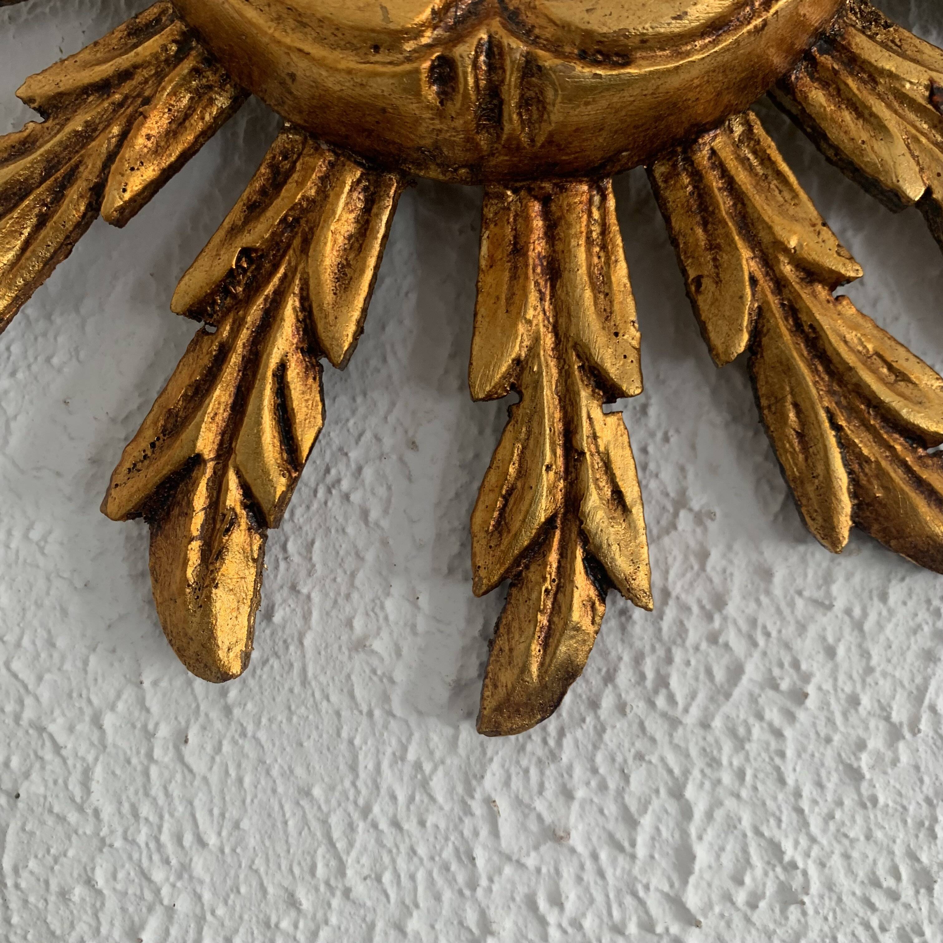 Vintage 1960 sun mirror carved wood gold leaf - 27 cm