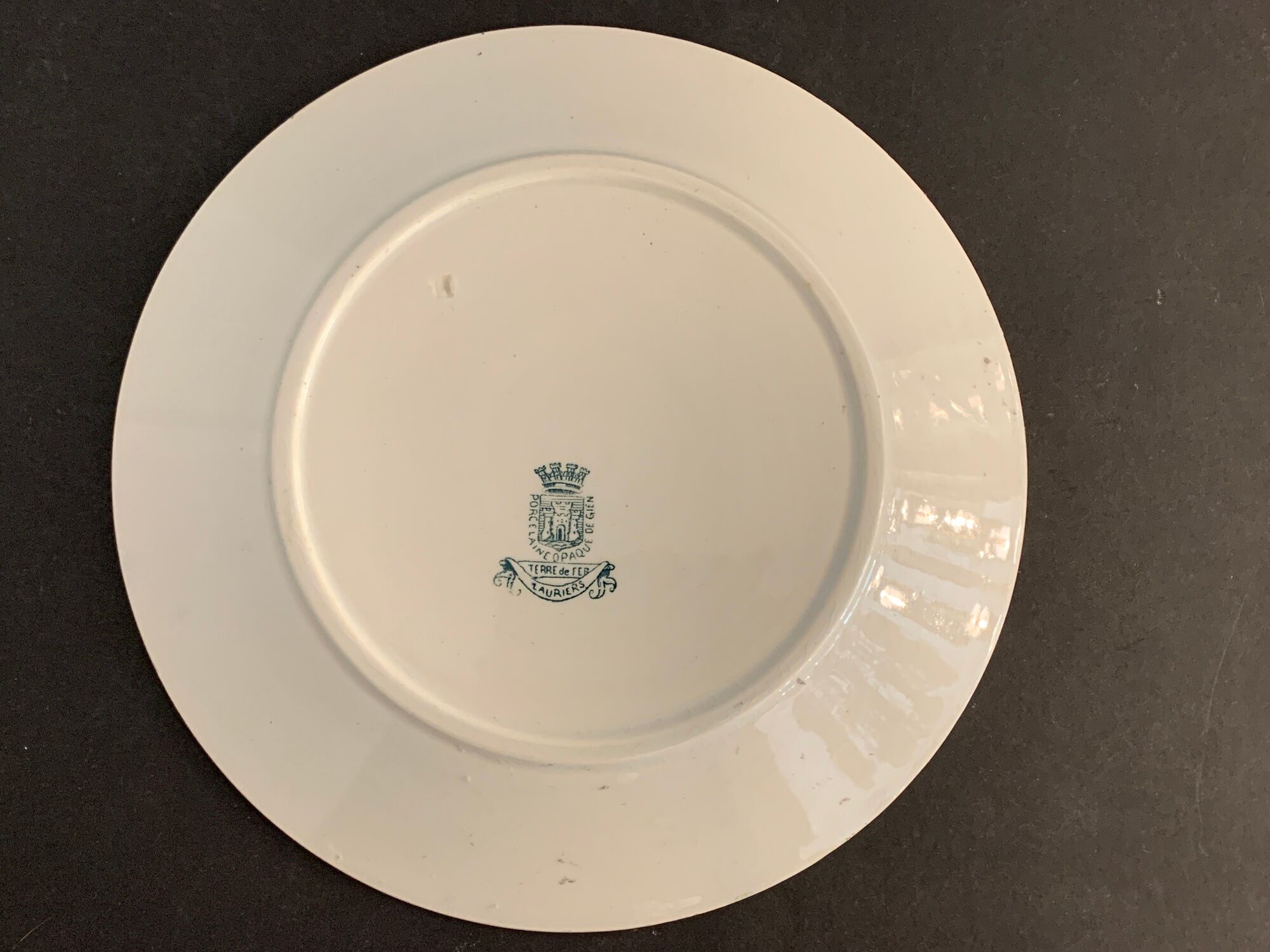 8 flat plates in opaque porcelain from Gien Terre de Fer, model Lauriers, XXth
