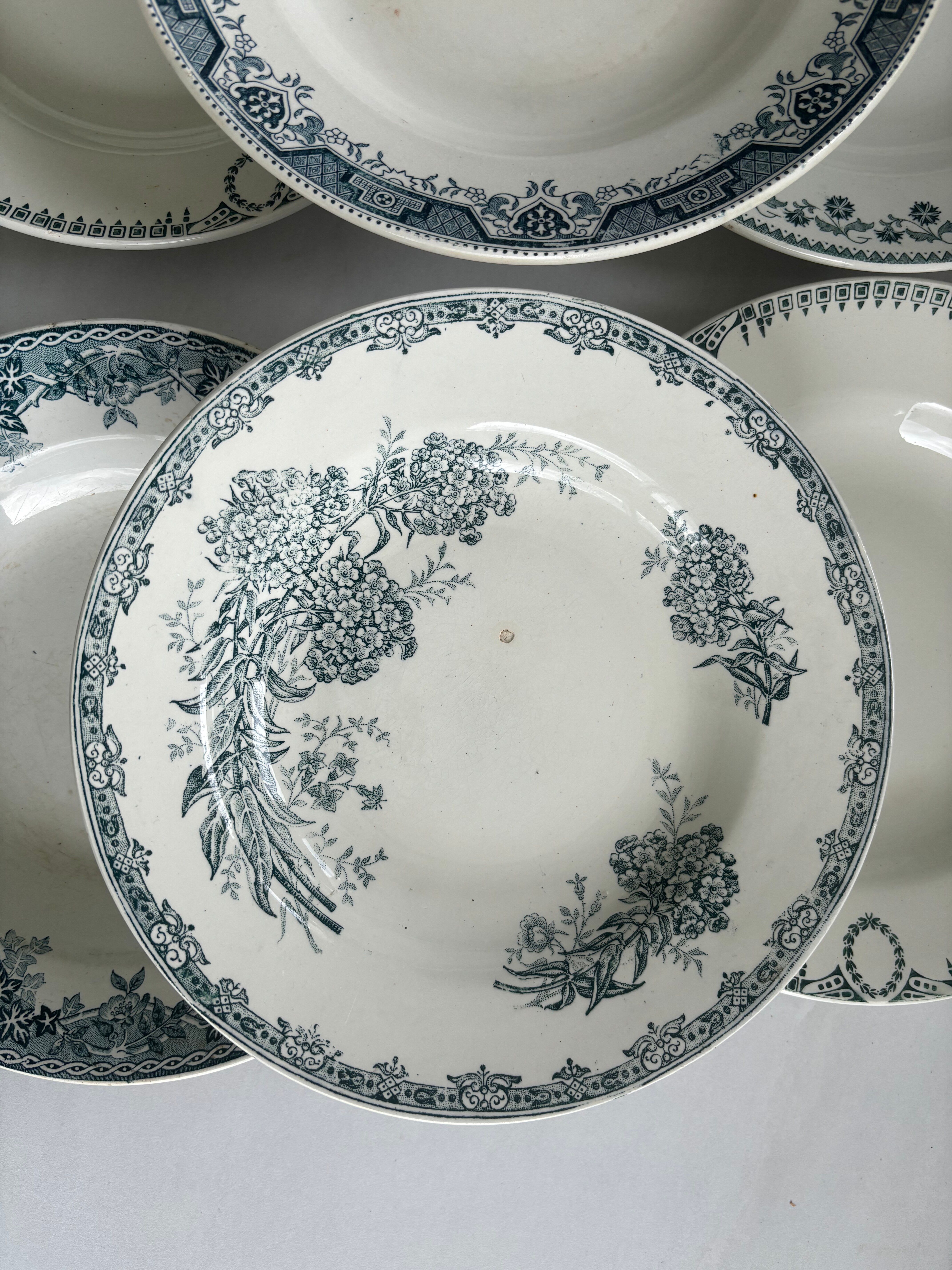 Set of 6 blue ironstone deep plates, antique French earthenware.