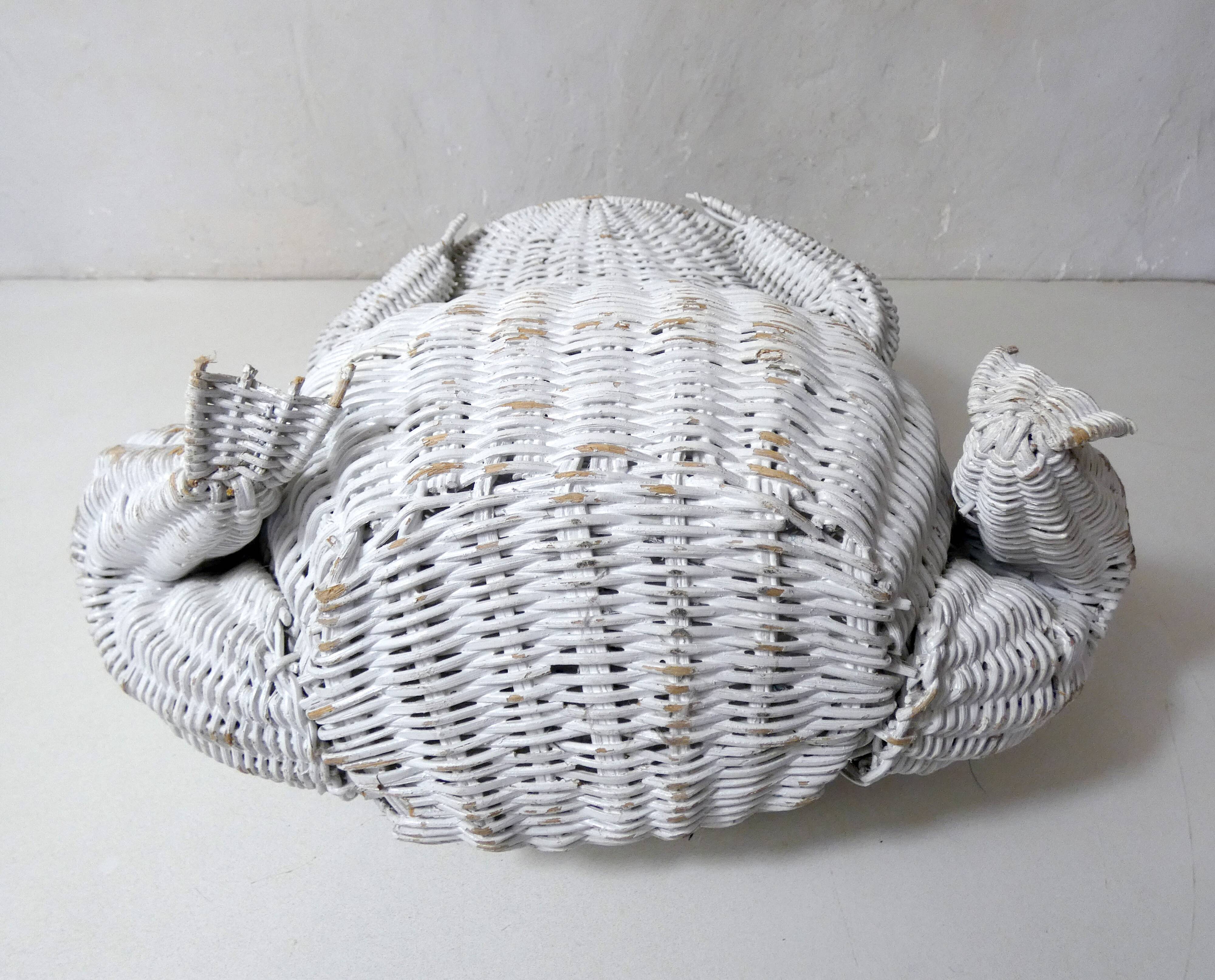 Corbeille à papier grenouille vintage en rotin blanc