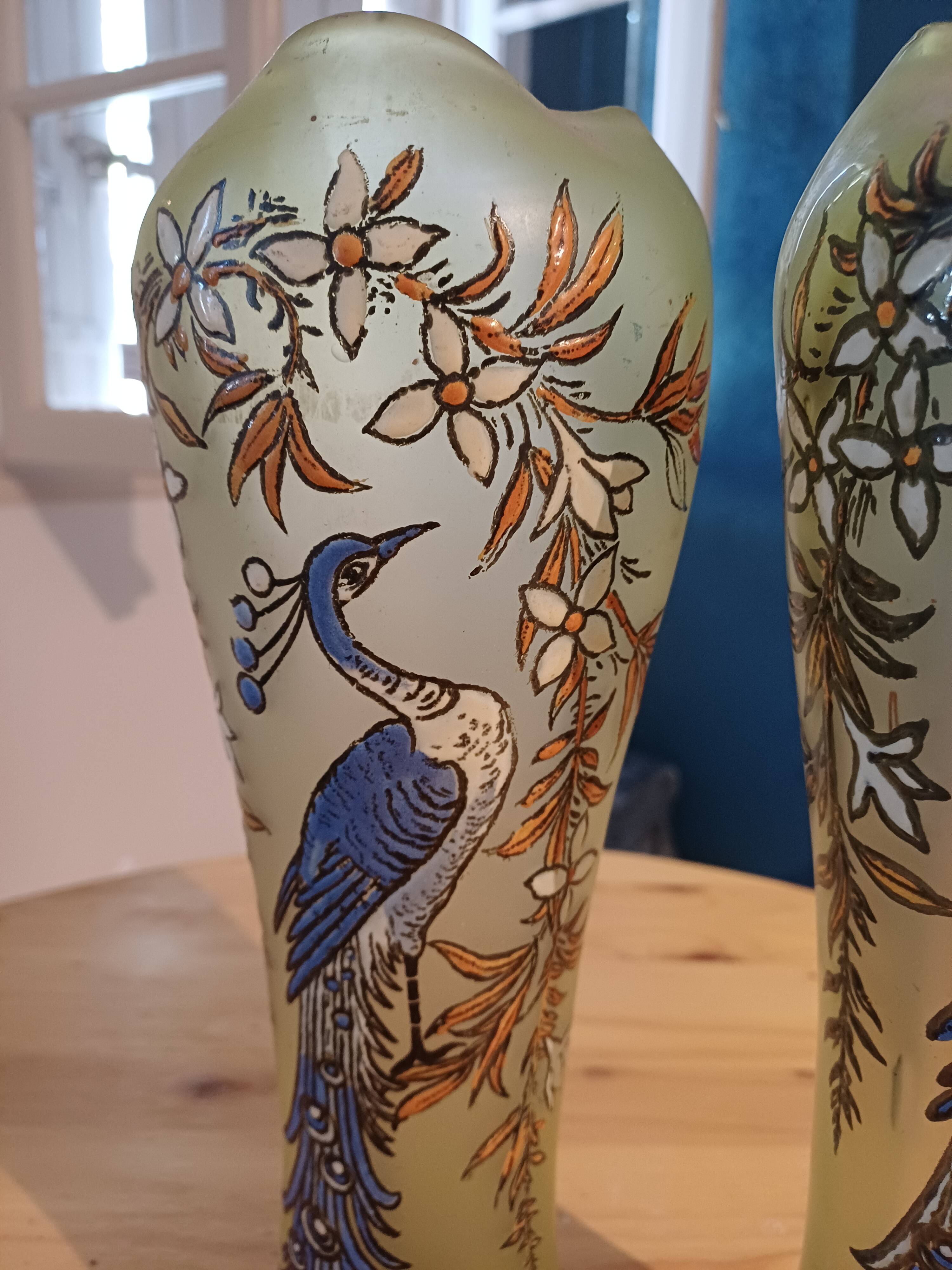 Pair of Legras vases in peacock glass