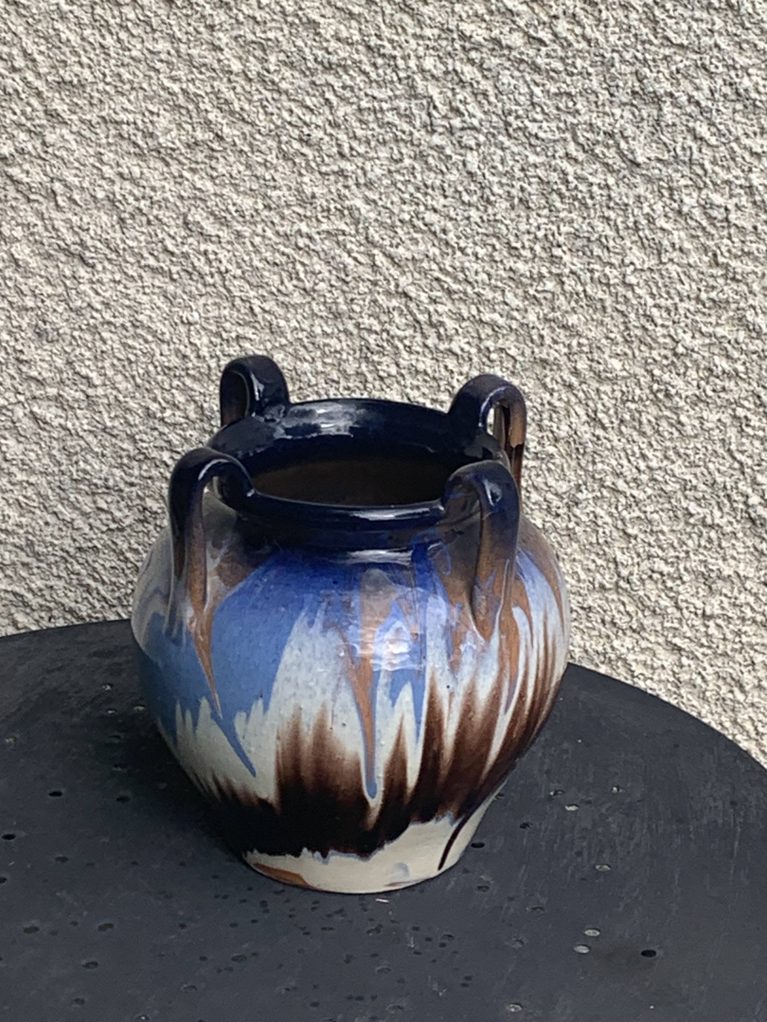 Amphora vase in mixed earth, shades of blue, beige and white, pottery, vintage