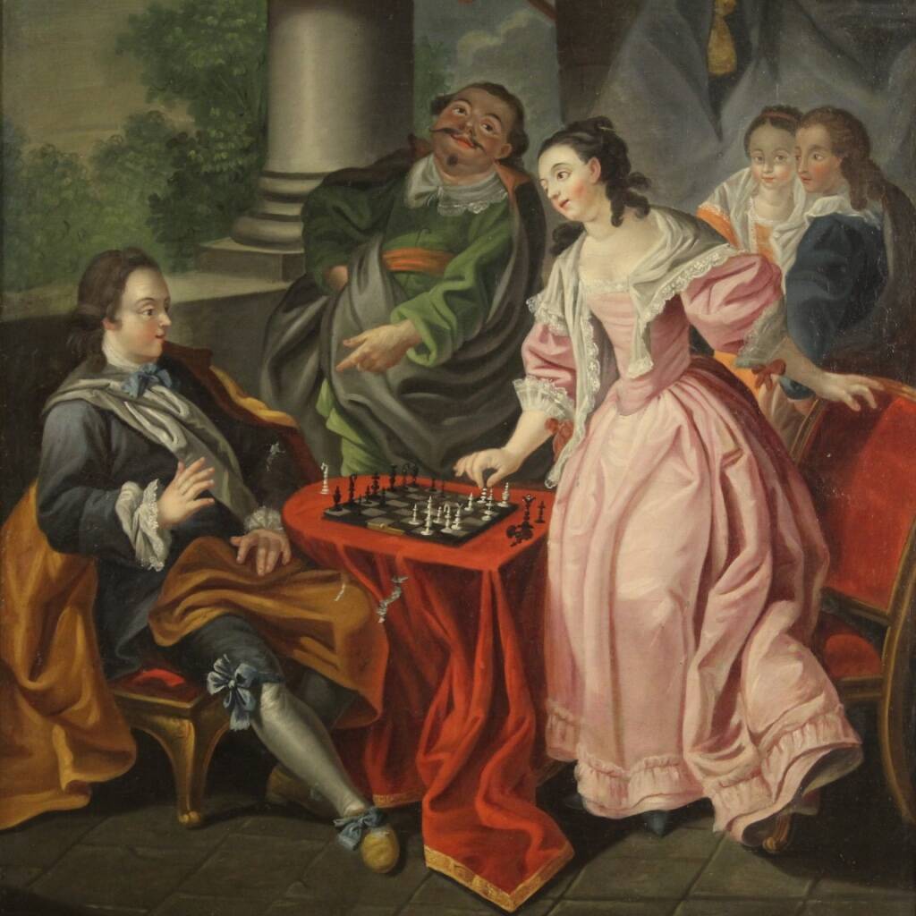 French painting from the 18th century, couple playing chess