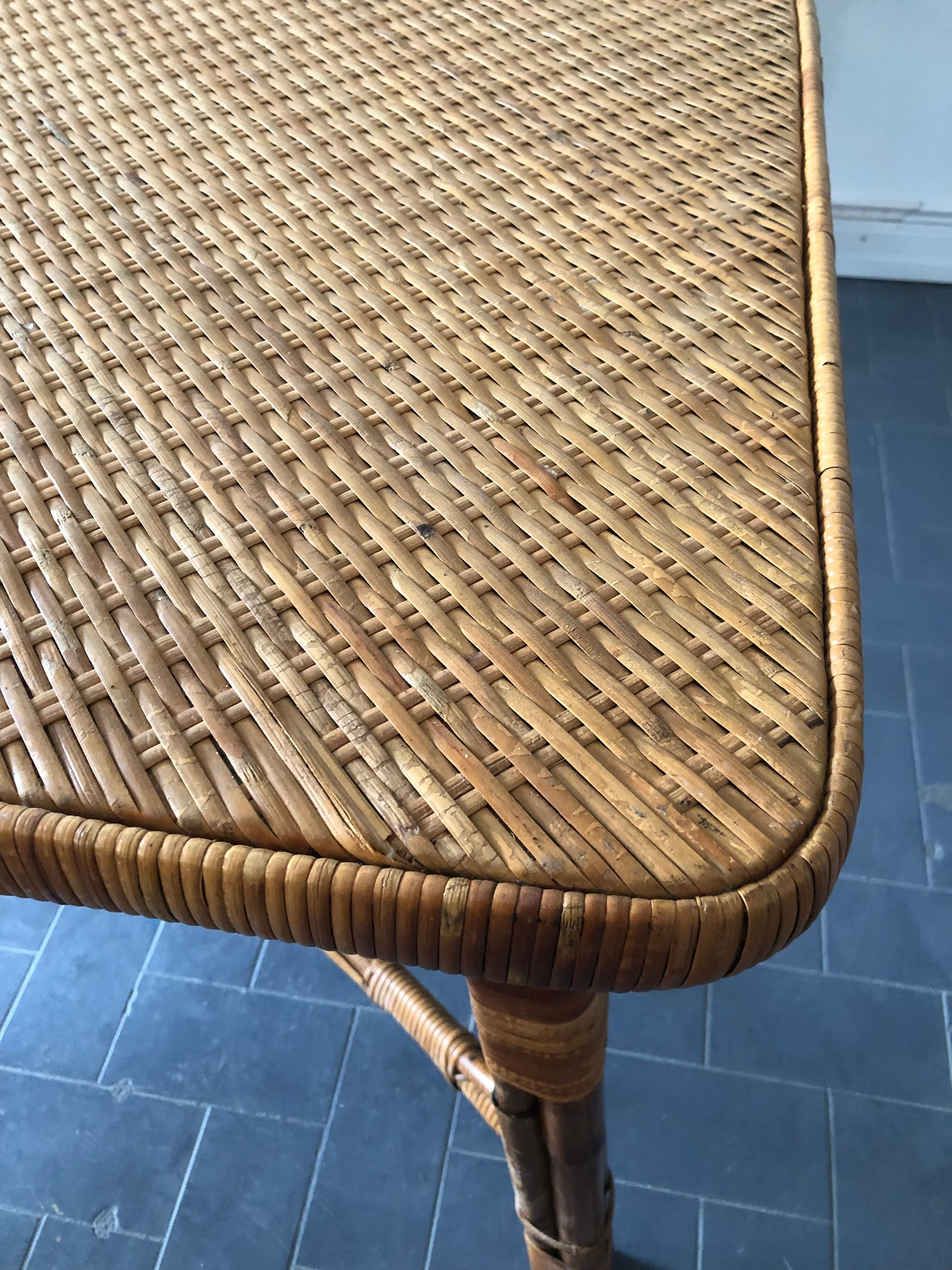 Vintage rattan table 6 people by Louis Sognot