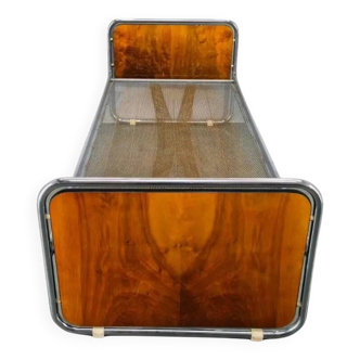 Bauhaus Tubular Steel Bed with Walnut Veneer Panels, 1930s