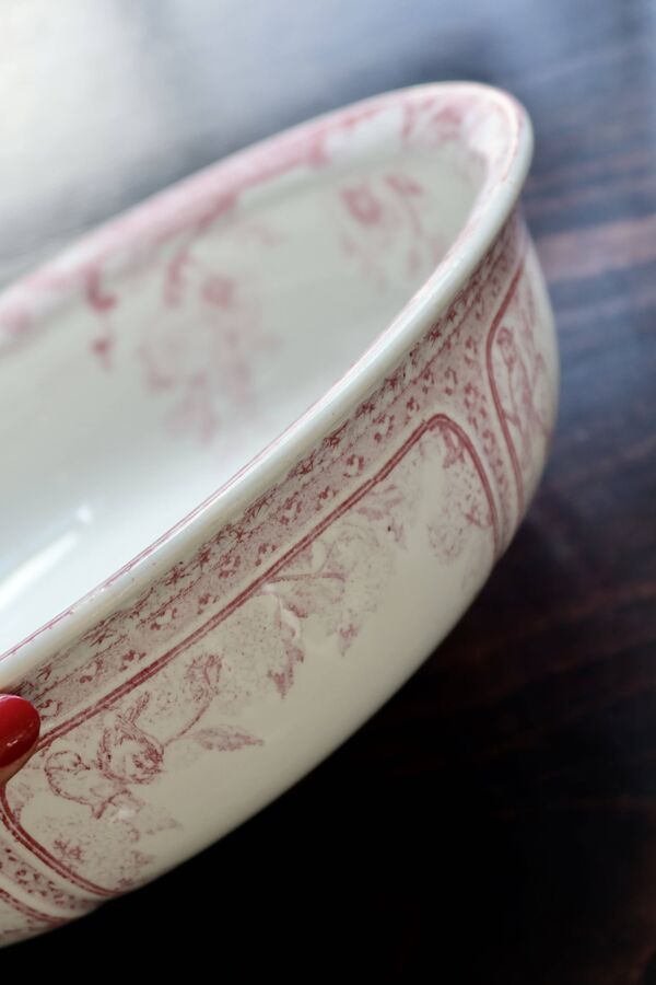 Bassine / saladier ancien faïence Lunéville modèle Printanier rouge