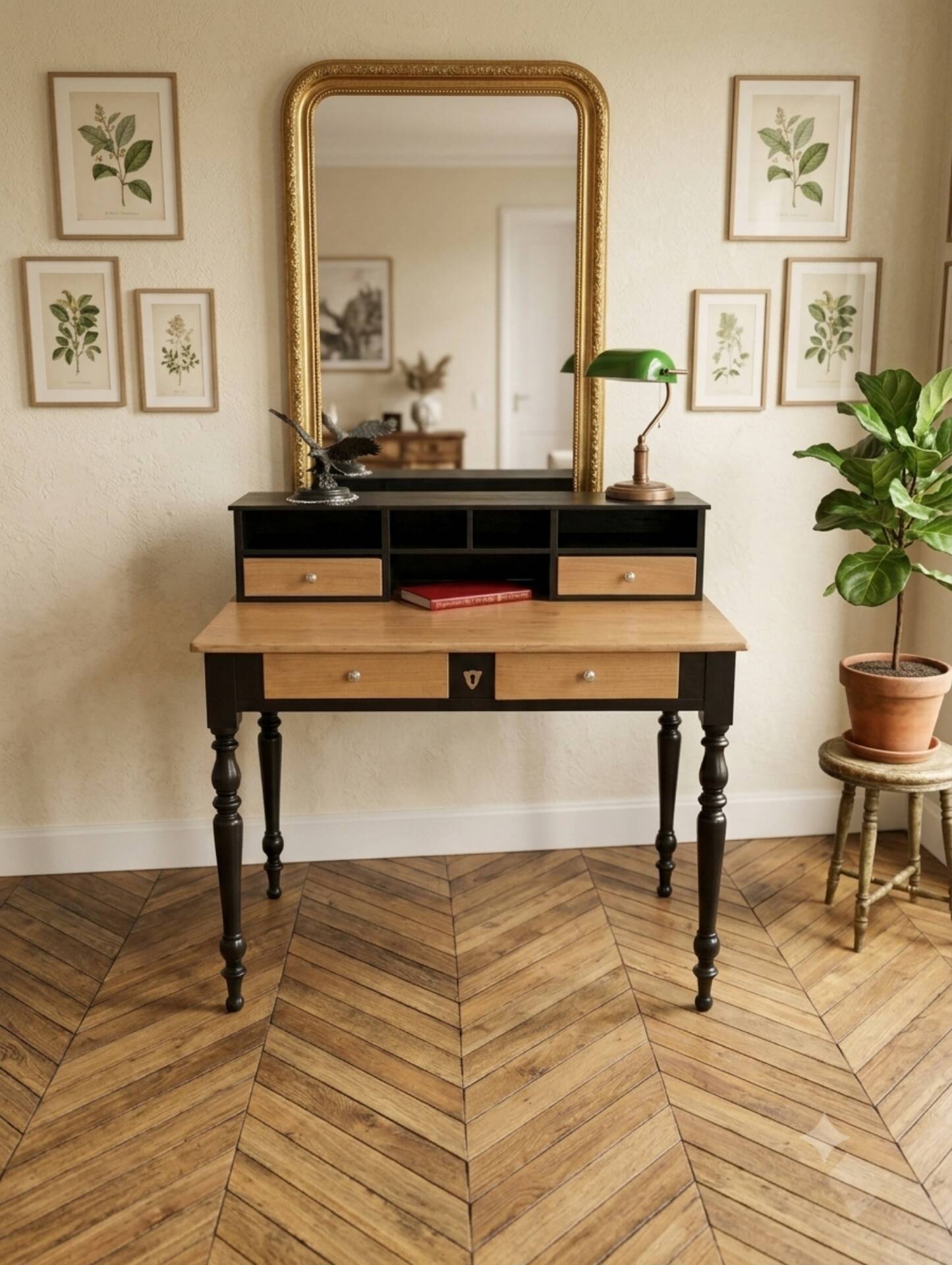 Bureau ancien restauré style campagne chic / bicolore noir et bois