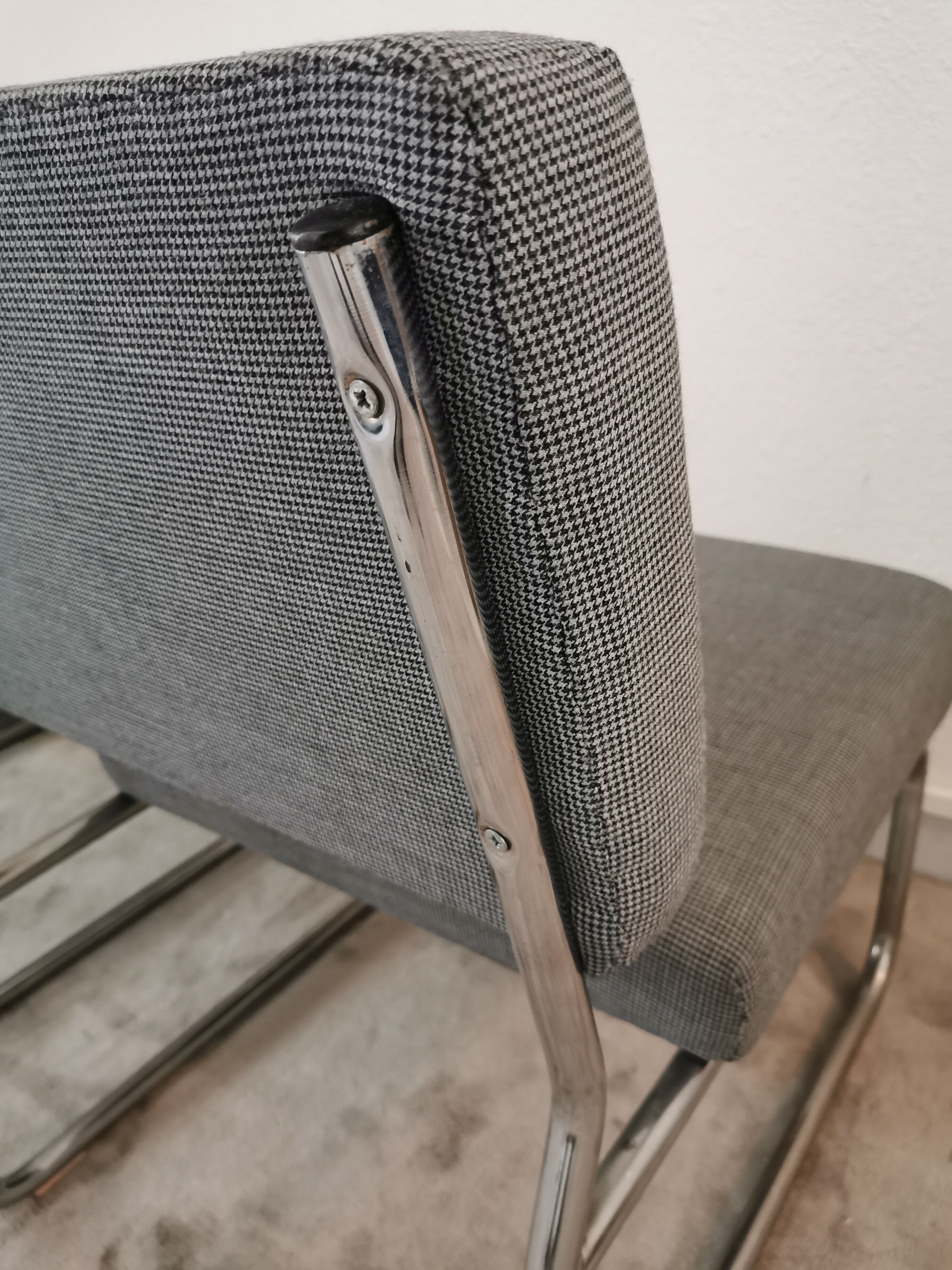 Pair of vintage chrome armchairs and "chicken foot" fabrics