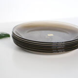 Set of 6 flat plates Arcoroc, in gray smoked glass, vintage French