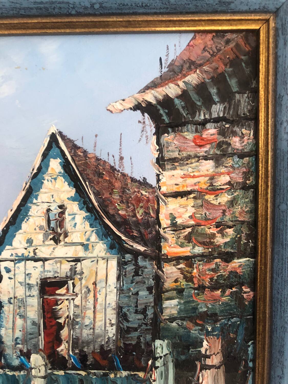 Oil painting on canvas Marine, Boat at the quay signed Florence