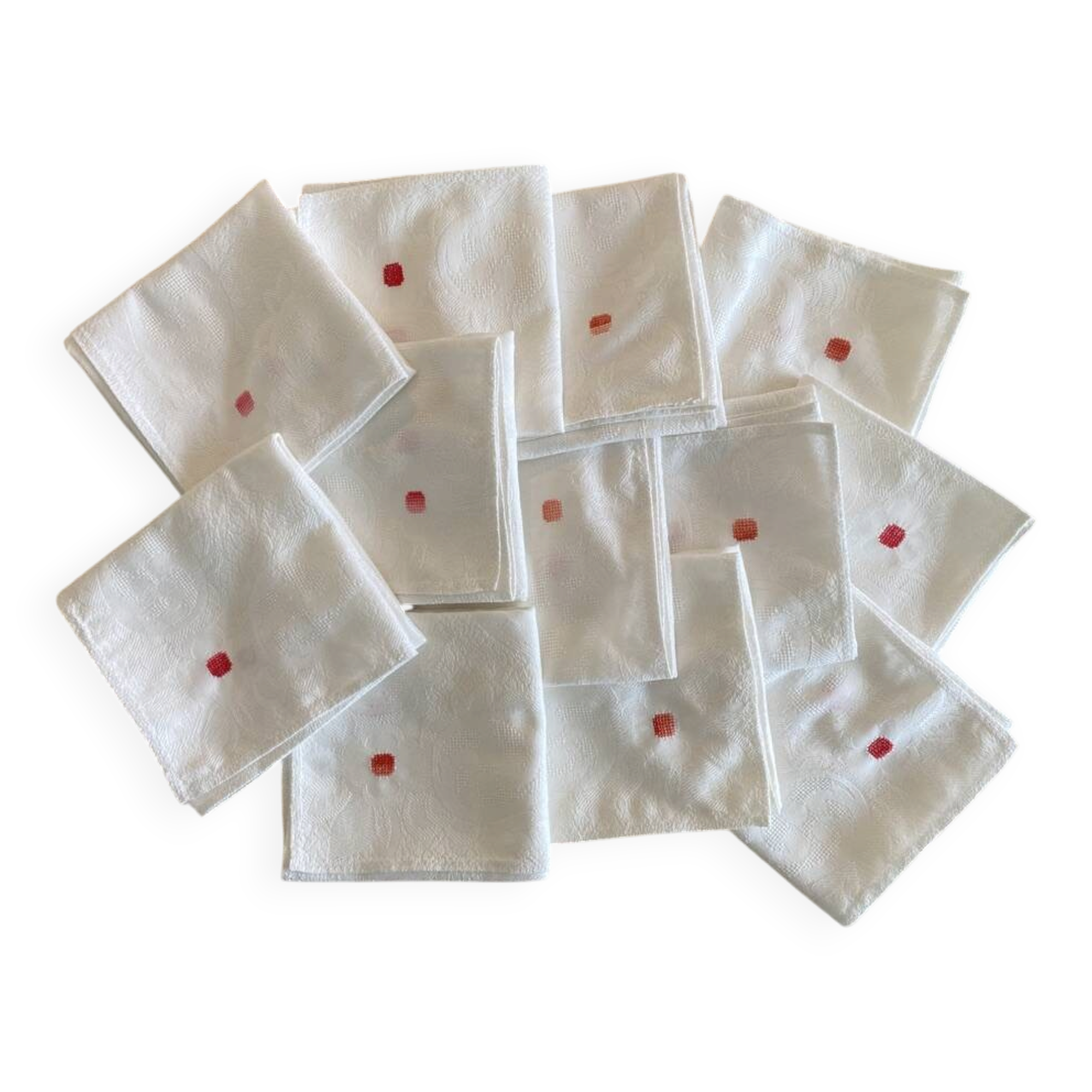Lot de 12 serviettes damassées brodées à la main - 48x48 cm - Coton
