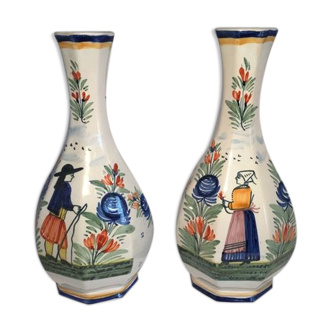 pair of Breton vases signed HB Quimper man and woman has Breton décor no fêles height 25 cm d