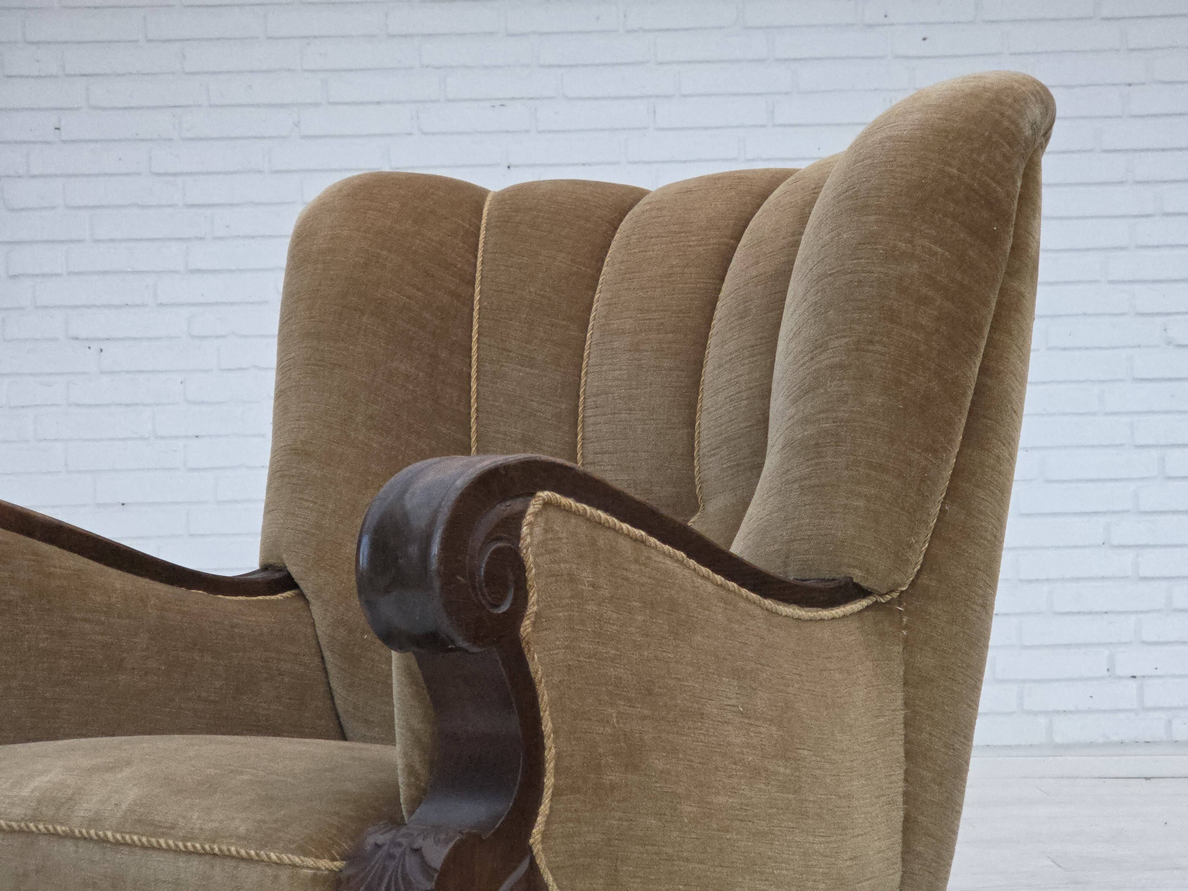 1960s, Danish relax chair, original green furniture velour, oak wood.