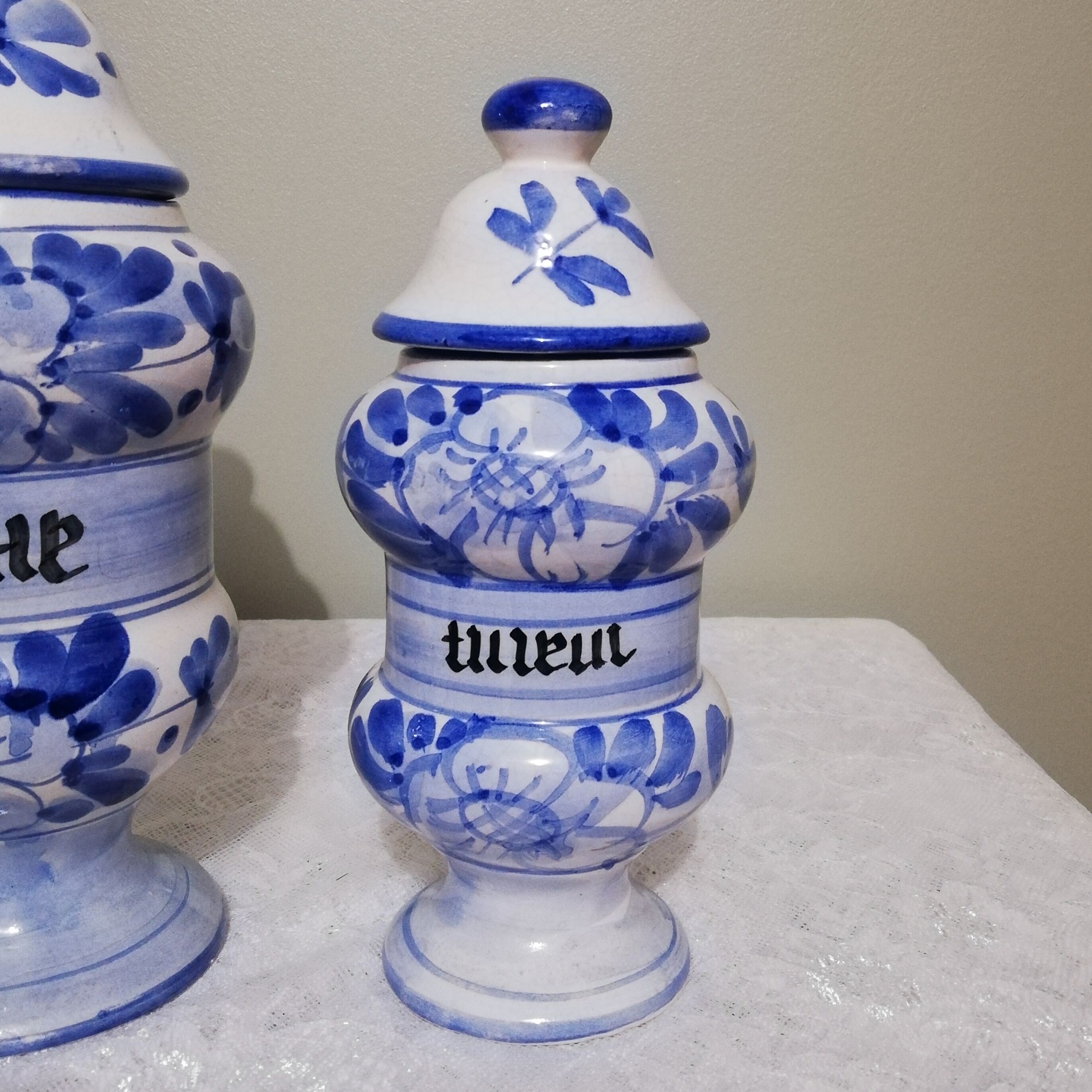 3 Delft style earthenware spice jars or apothecary pots