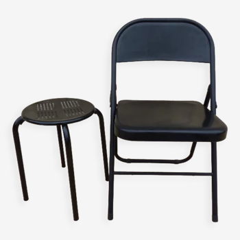 Black metal chair and stool set