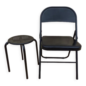 Black metal chair and stool set