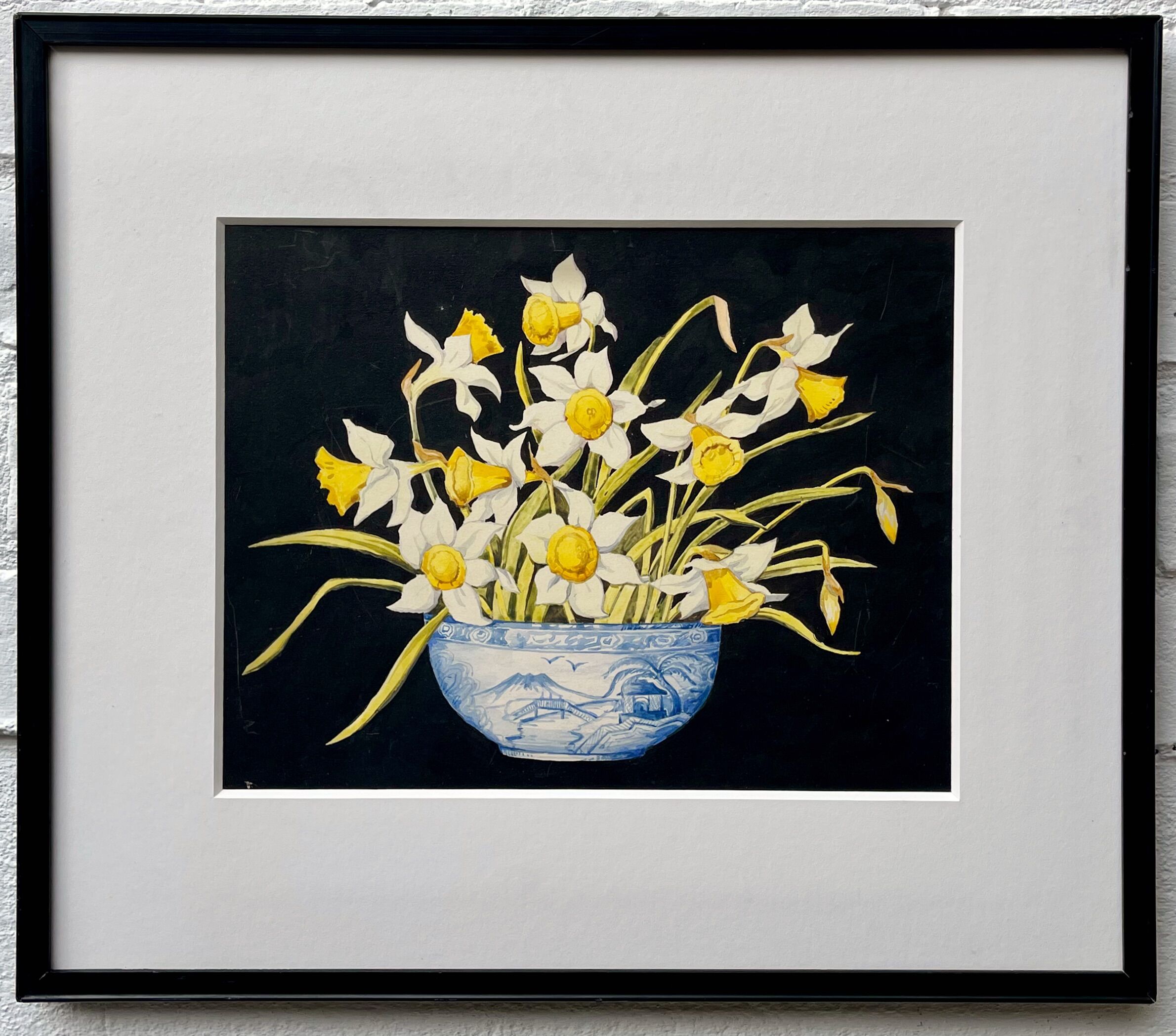 Early 20th Century Still Life Painting of Daffodils Black Frame