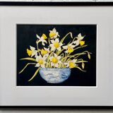 Début du 20ème siècle Nature morte Peinture de jonquilles Cadre noir