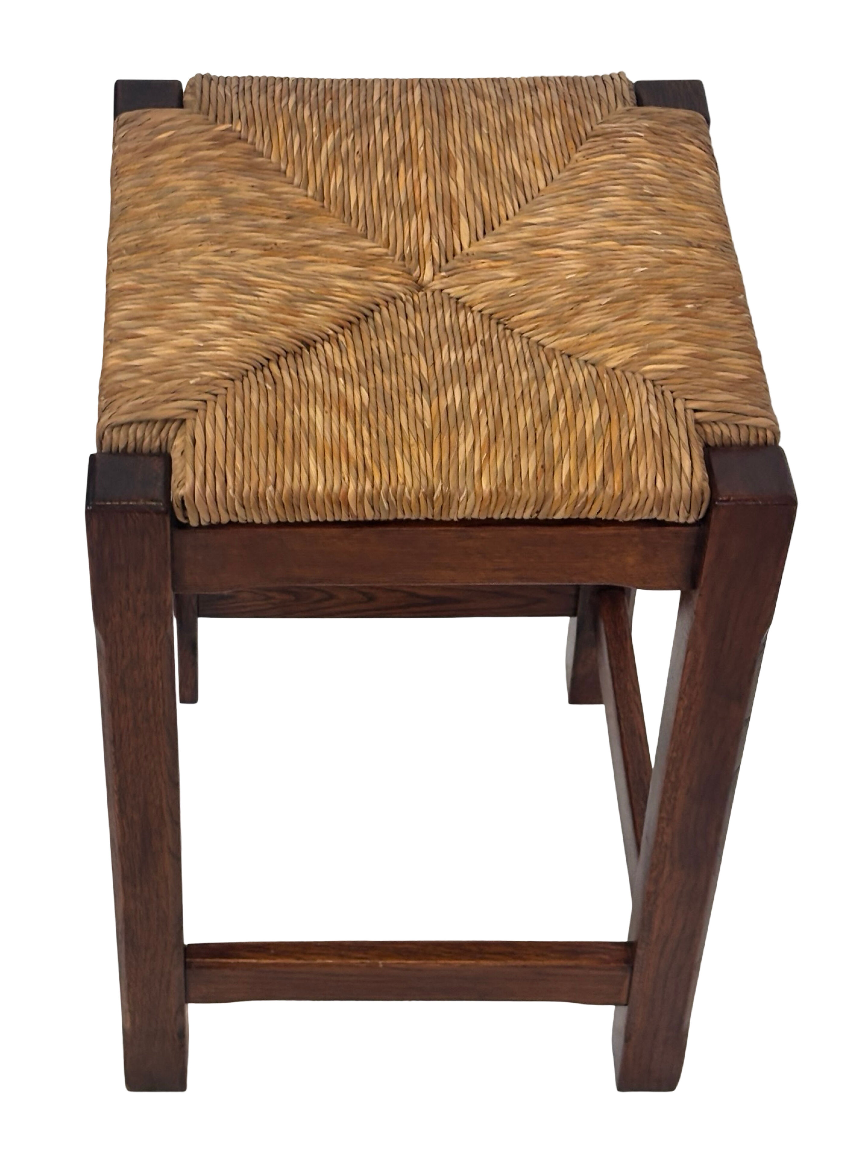 Vintage rattan stool with oak, 60s wabi sabi design, minimalist