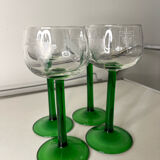 Set of 4 antique Alsace wine glasses, green stem and engraved decoration
