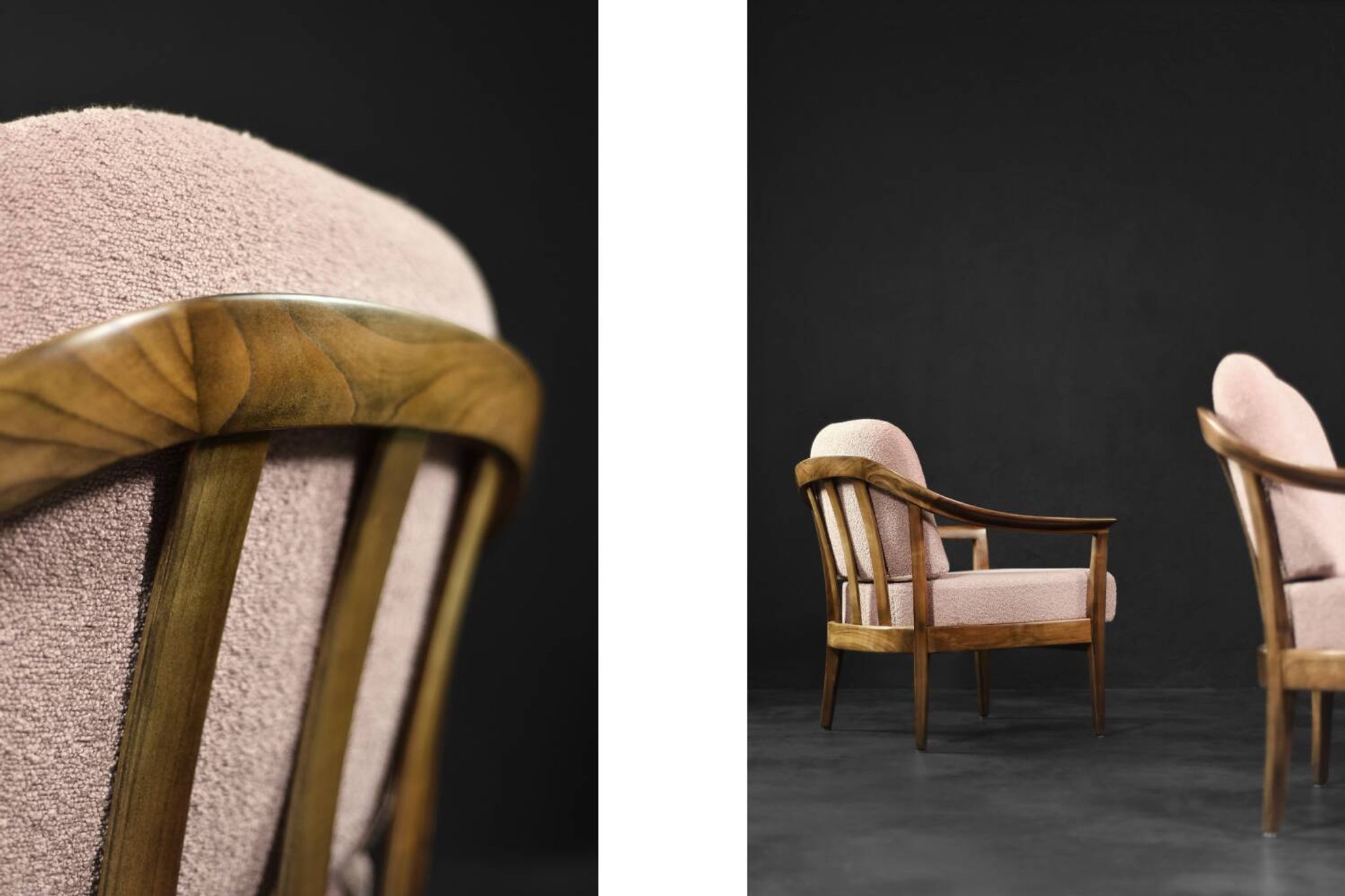Pair of Mid-Century German Elegant Cherry Wood and Dusty Pink Fabric Armchairs