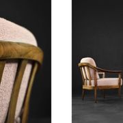 Pair of Mid-Century German Elegant Cherry Wood and Dusty Pink Fabric Armchairs