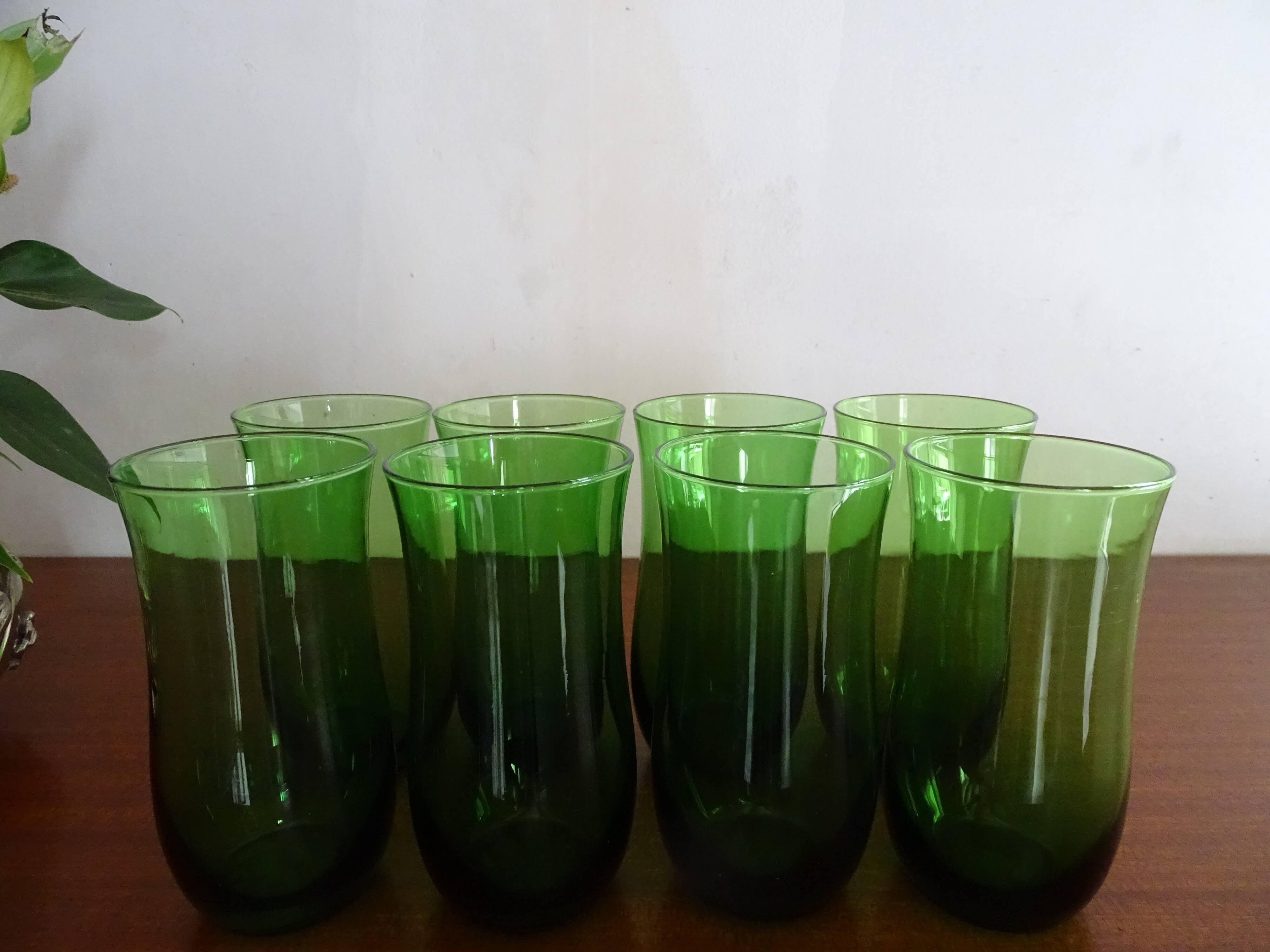 8 glasses water blown glass vintage green