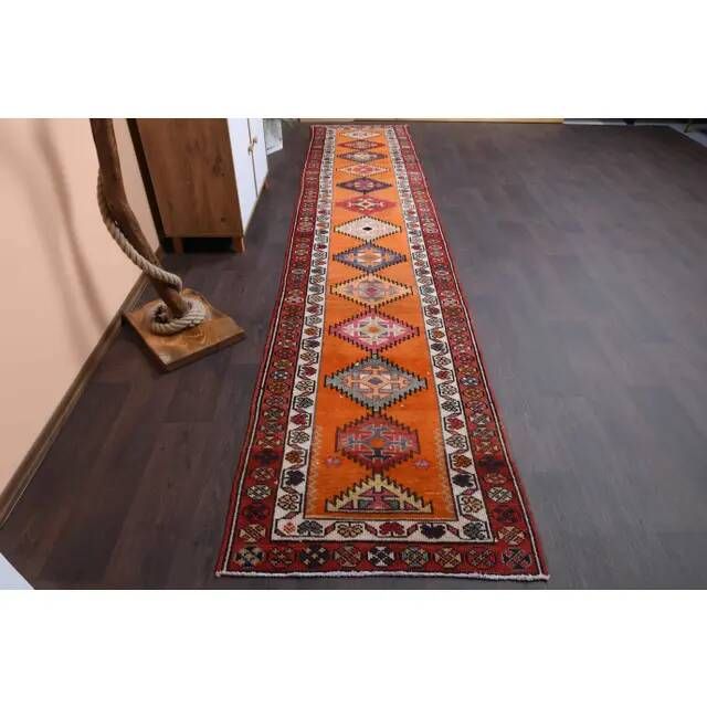 Vintage Turkish Oushak Handmade Wool Cotton Orange Runner 87x409