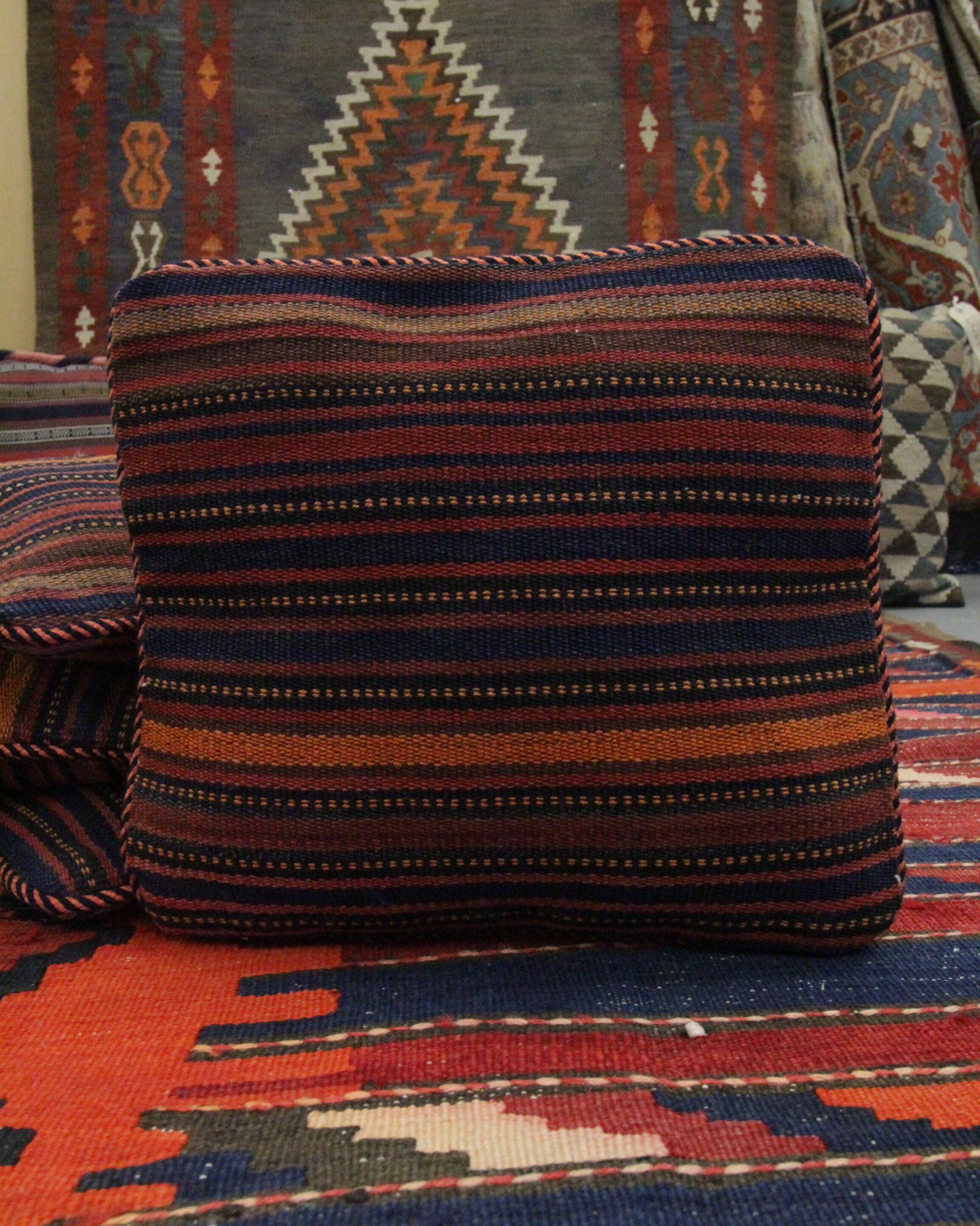 Striped Wool Kilim Scatter Cushion Handwoven Red Blue Pillow Case- 31x31cm
