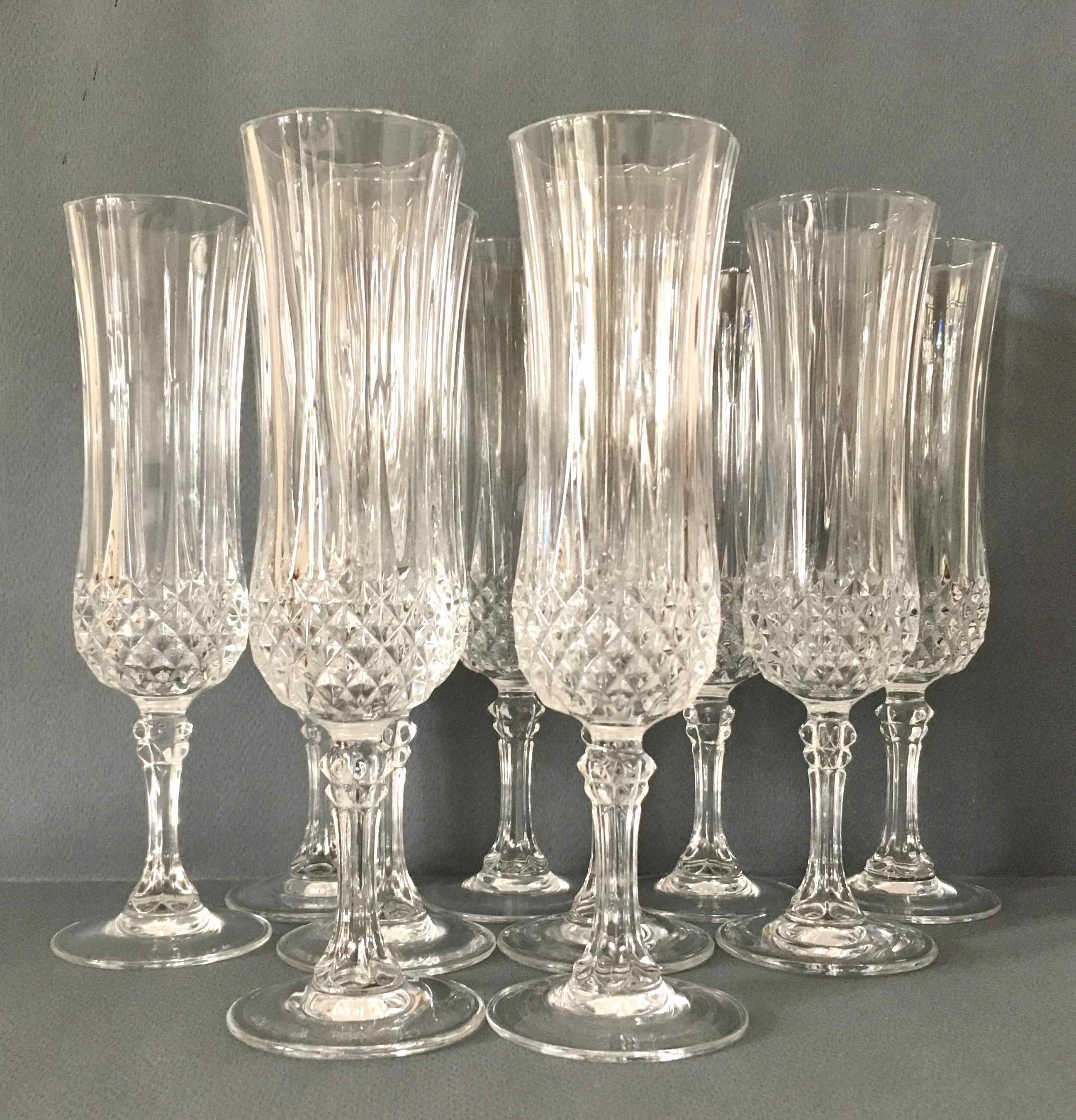 Set of 10 crystalline champagne flutes cut