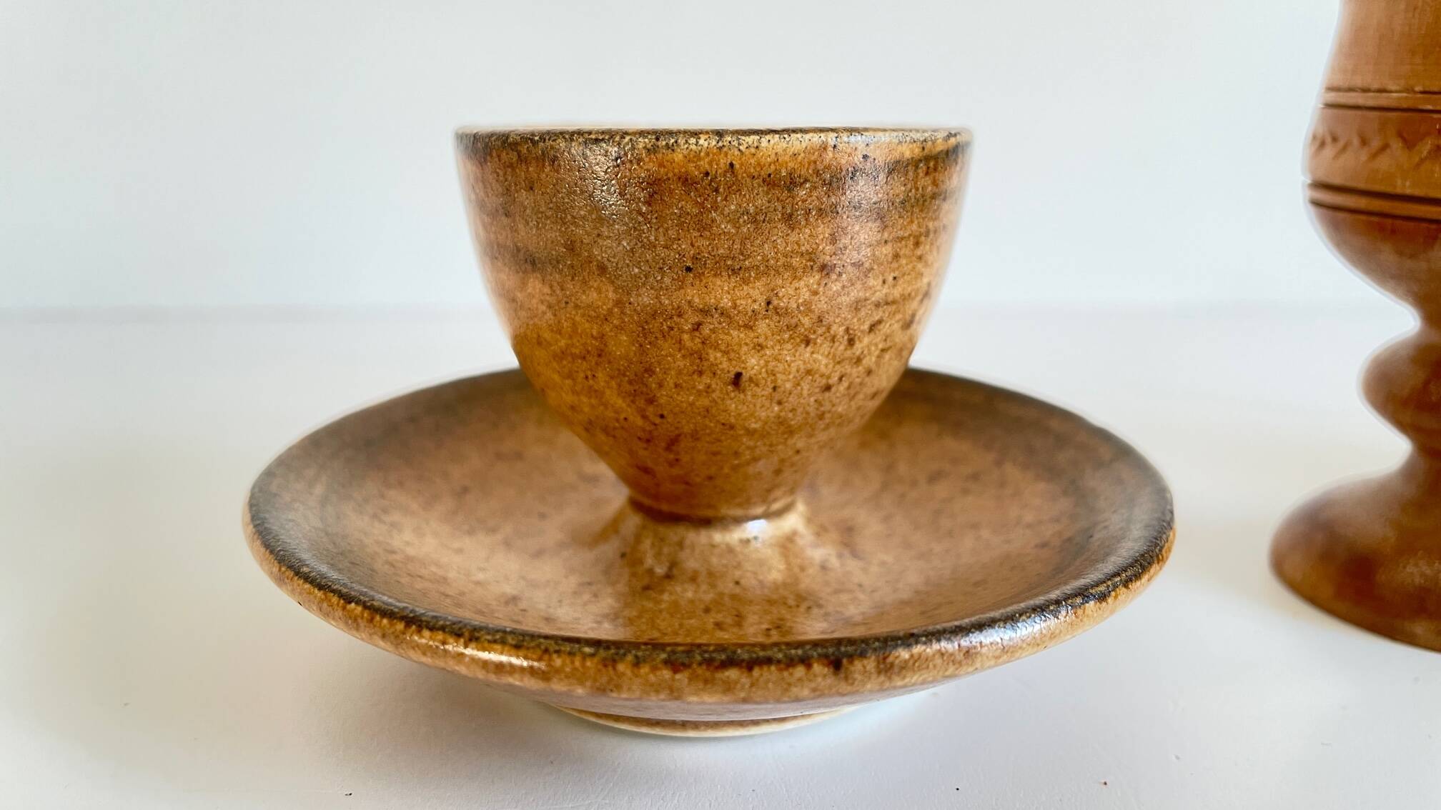 Vintage ceramic and wood egg cups