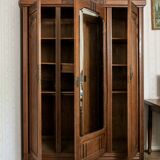 Old solid wood wardrobe with three vintage mirror doors