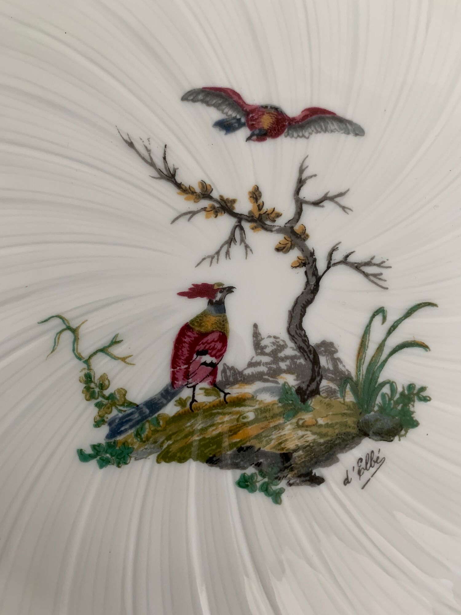 8 Bernardaud and Co. dessert plates signed Elbé, Limoges porcelain, decorated with birds