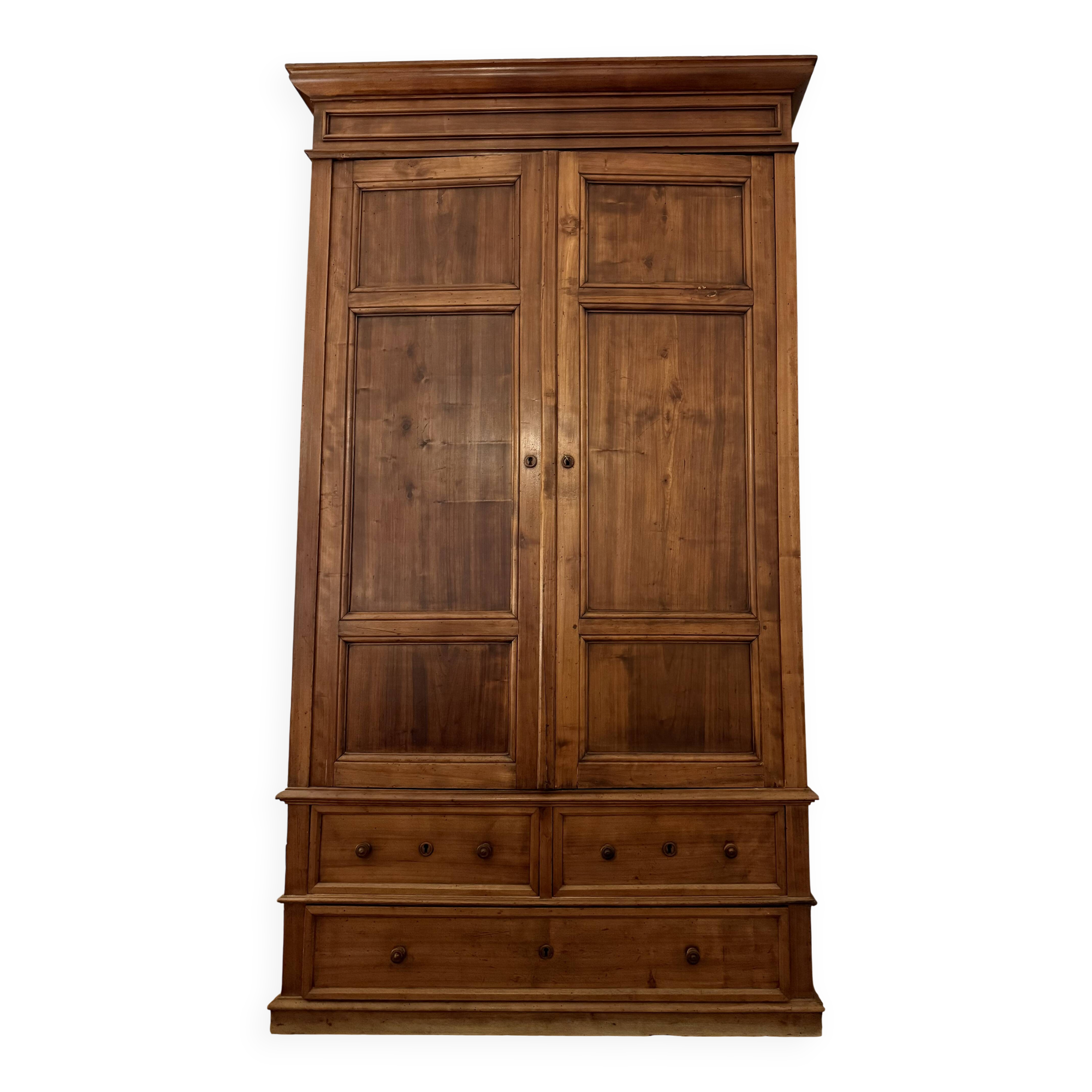 Antique solid wood wardrobe, rustic, with drawers and original key.