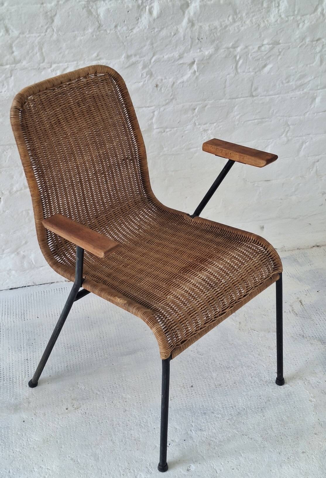 Pair of Swiss stackable rattan and iron dining elbow chairs, G Legler 1960s