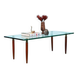 Vintage coffee table glass teak brass, mid-century coffee table.