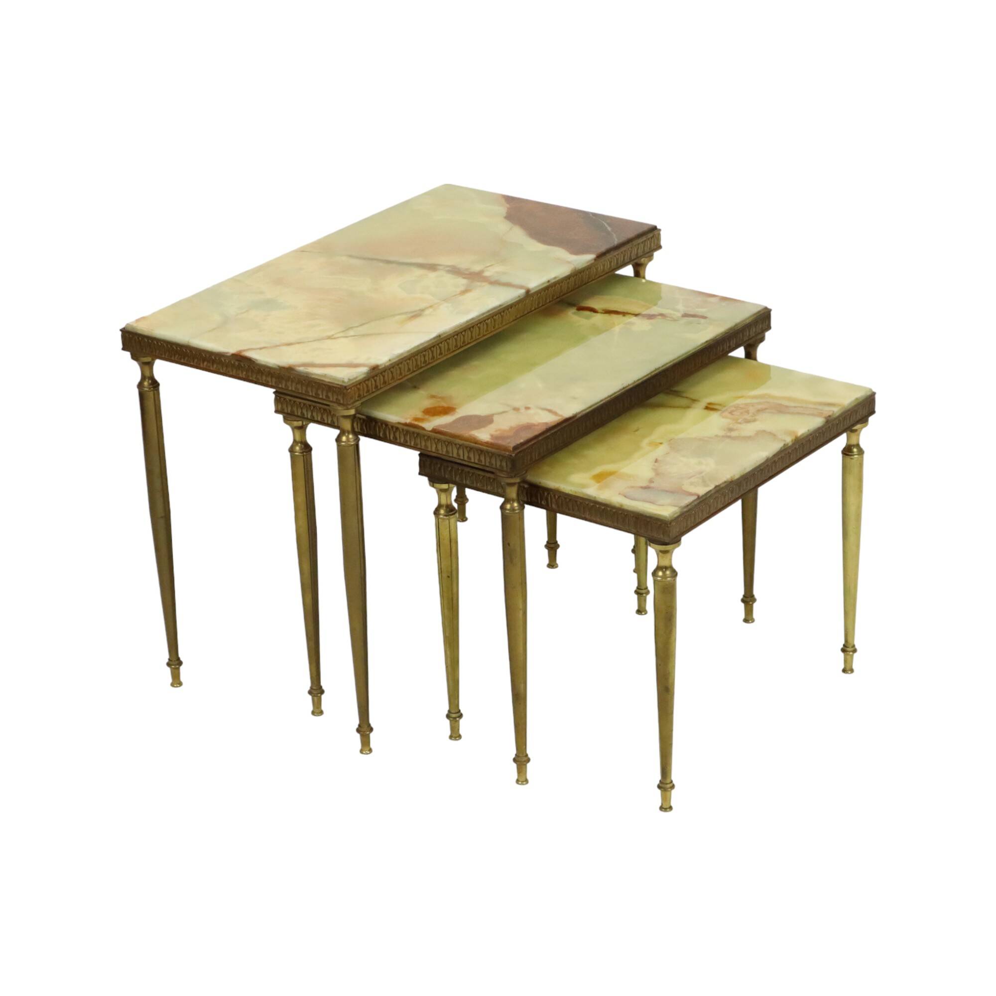 Set of 3 Nesting Tables Onyx Marble Copper Frame 1950s France