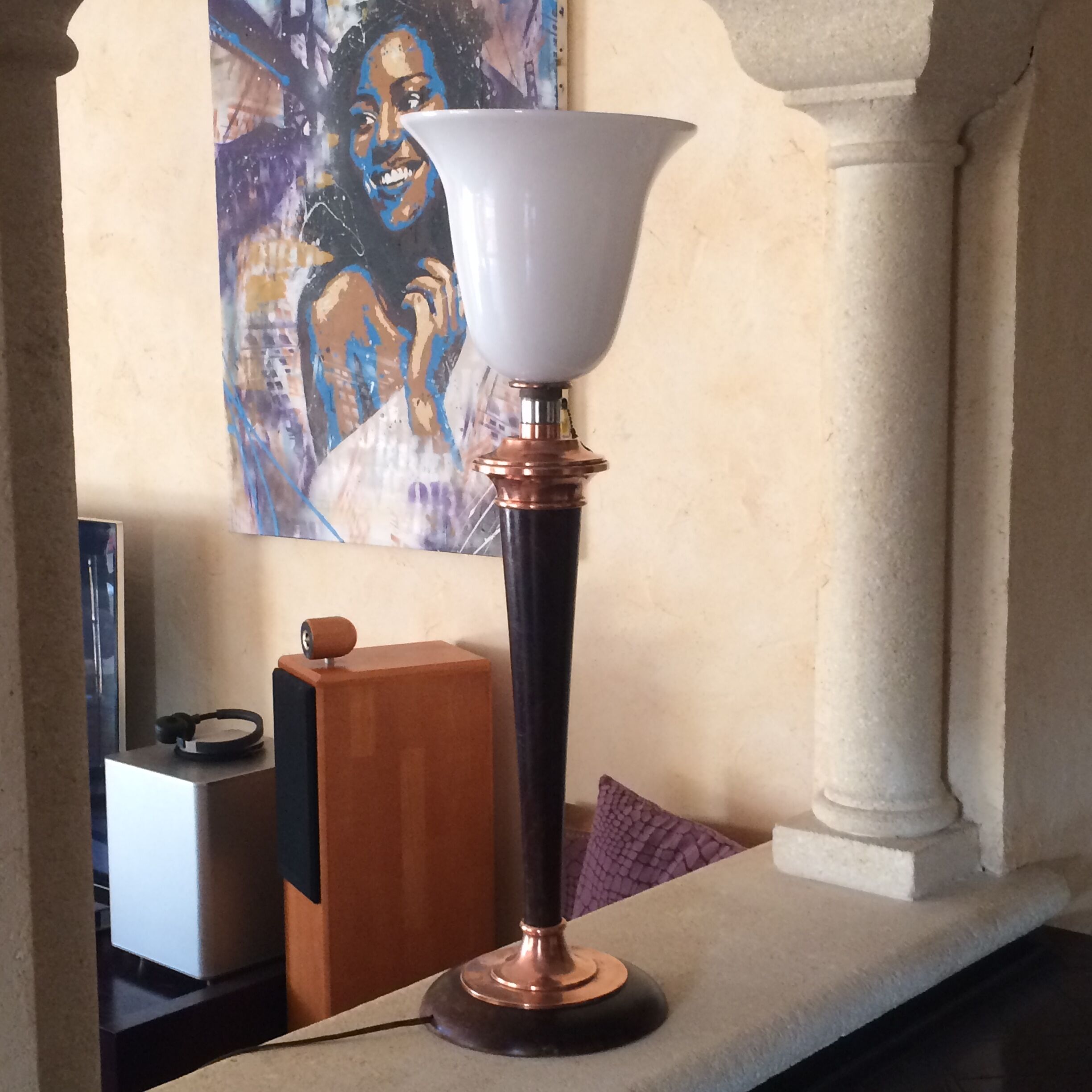 Mahogany and copper brass, Mazda Art deco lamp, 1930-40