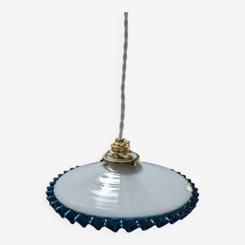 Pendant lampshade old portable opaline lampshade serrated white/blue art deco Ø 24.5 cm