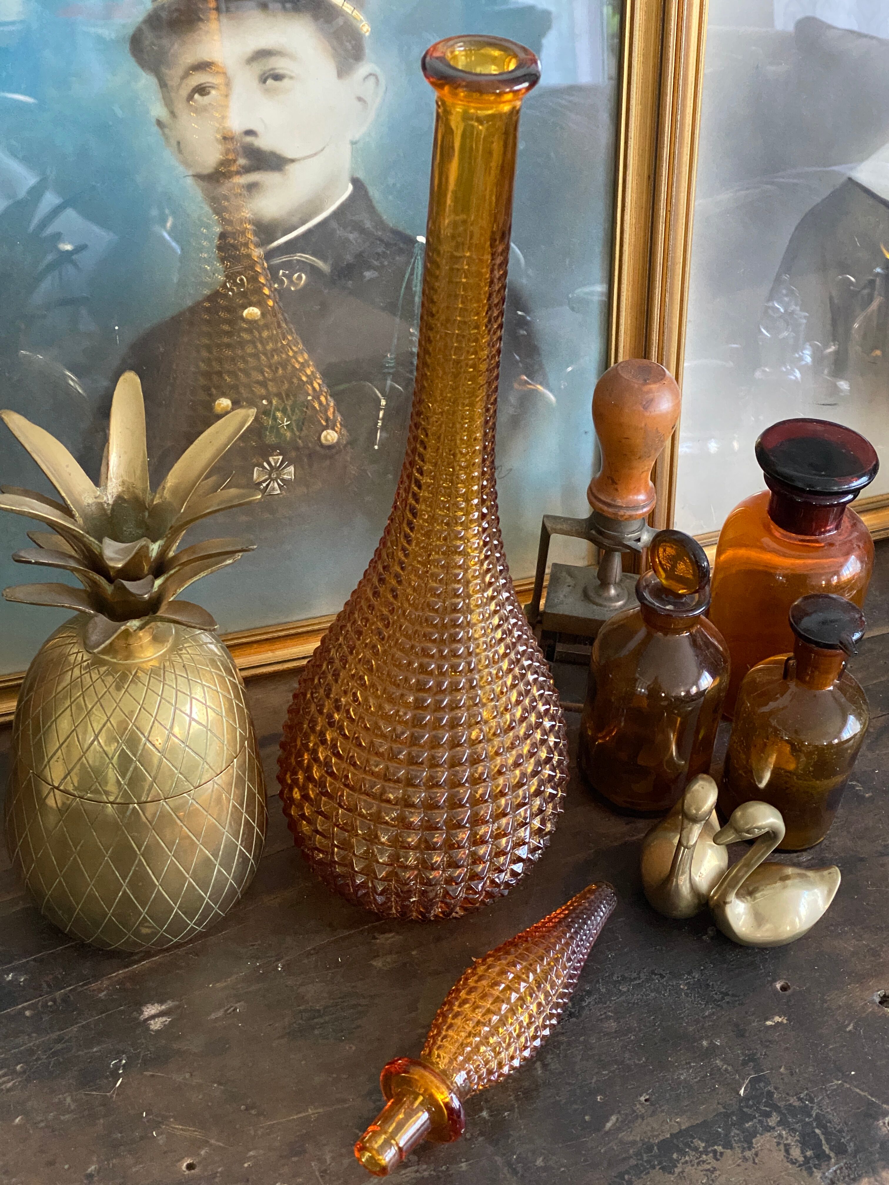 Vintage amber textured glass decanter