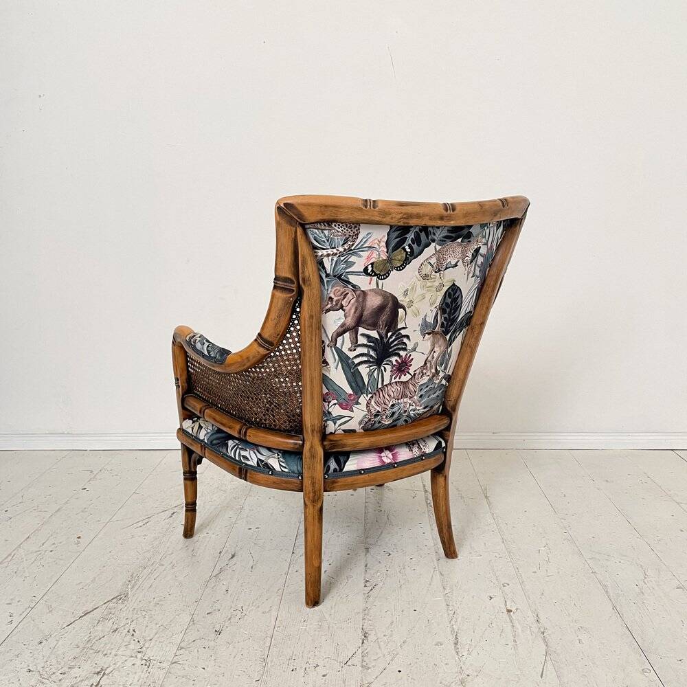 Mid-Century French Armchair in Bamboo Style with Animal Print Fabric, 1980