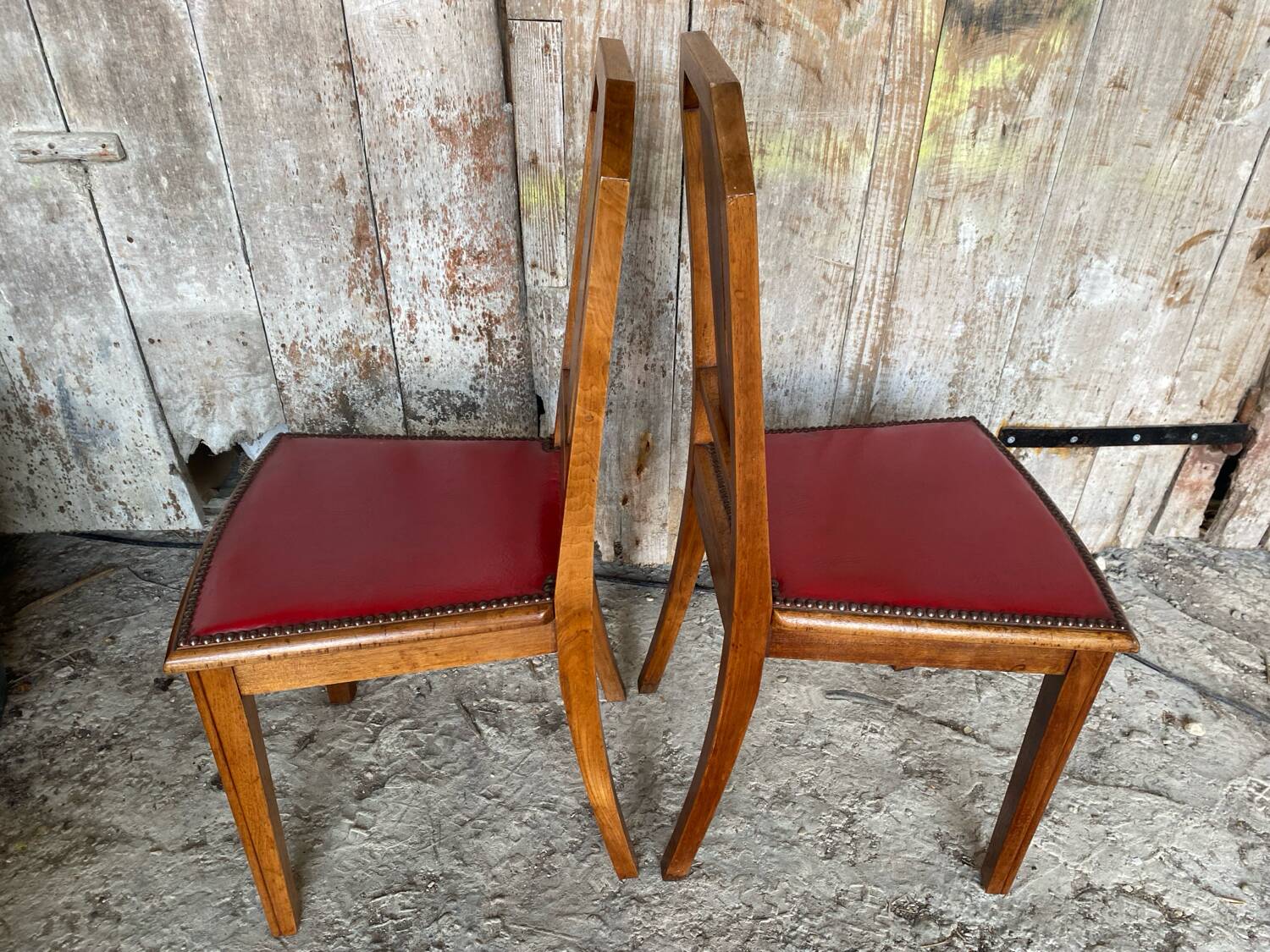 Pair of Vintage Art Deco Wooden Chairs with Red Leather Upholstery #D742
