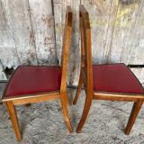 Pair of Vintage Art Deco Wooden Chairs with Red Leather Upholstery #D742