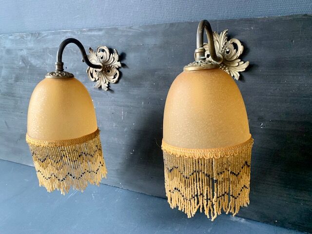 Pair of vintage wall lamps, glass paste and fringes, art deco, XXth