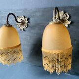 Pair of vintage wall lamps, glass paste and fringes, art deco, XXth