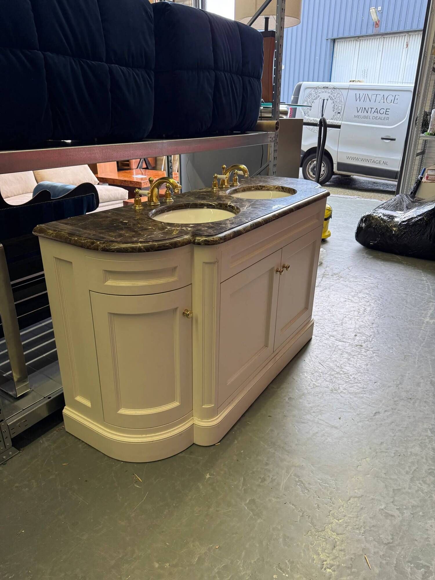 Classic double bathroom cabinet with marble top and gold fittings